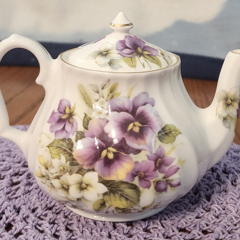 Floral Teapot with Purple and Green Design